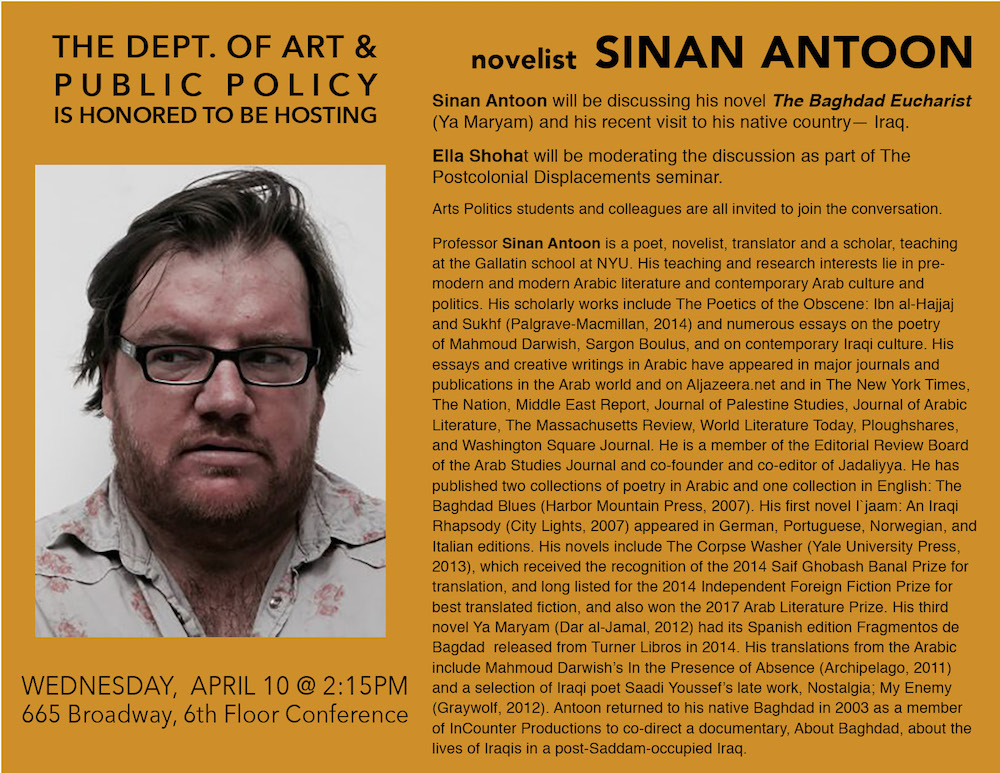 Orange Event flyer with photo of Sinan Antoon and event details in black text